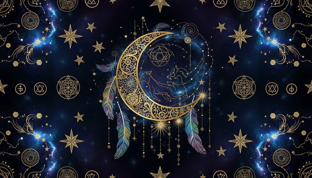 Intricate Golden Crescent Moon Artwork with Feathers and Starry Night