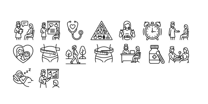 icon set collection of healthy pregnancy lifestyle habits including balanced nutrition, exercise, sleep, clinical advice, and maternal body change tracking.