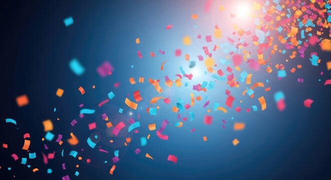 Colorful confetti explosion against dark blue background celebration party