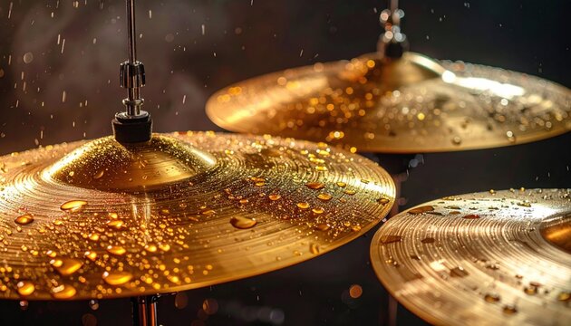 Gleaming Gold Drum Cymbals Drenched in Water Droplets Under Dramatic Lighting
