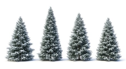 Fototapeta premium Four snow covered evergreen trees on white background winter coniferous