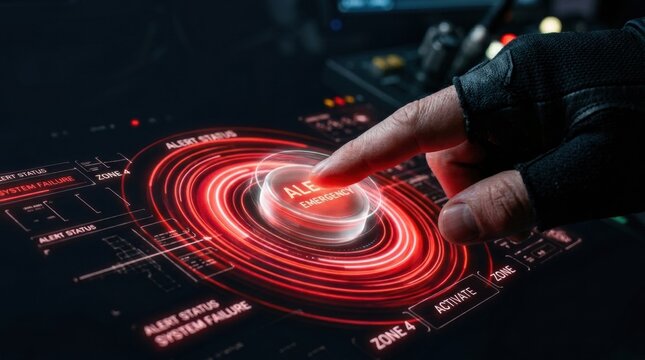 A hand is touching an emergency alert button on a holographic display in a control room filled with high-tech equipment and alerts.