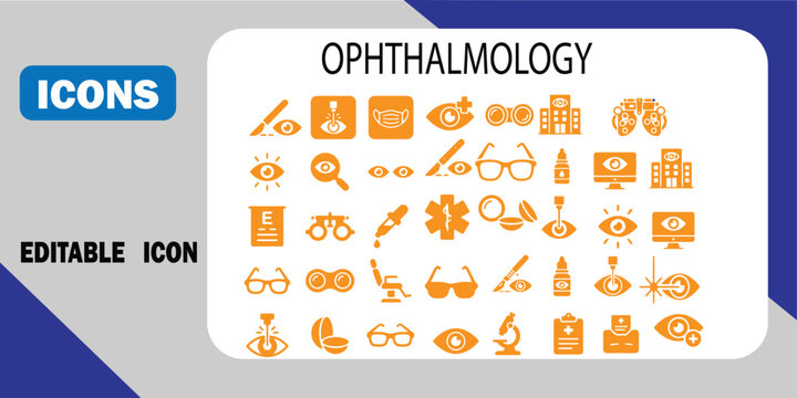 Set of ophthalmology and eye care icons for medical clinics and vision testing isolated on white background