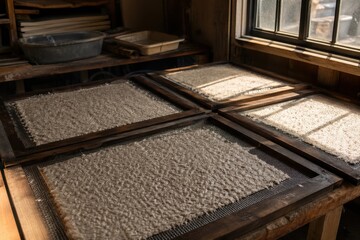 Fototapeta premium Traditional Japanese Washi Paper Making: Drying Frames with Wet Pulp in Natural Sunlight