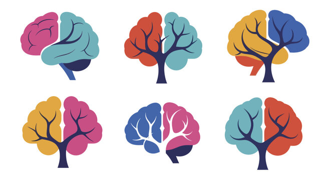 Abstract Brain Tree Illustrations Set.