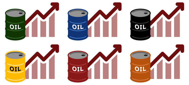 原油価格上昇アイコン OILドラム缶と上昇グラフのエネルギー市場シンボル Oil Price Increase Icon OIL Barrel Rising Chart Energy Market Growth
