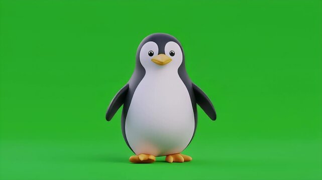 A 3D cartoon penguin stands alone on green screen