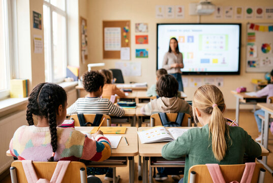 Diverse school children sitting at desks in a classroom looking at a teacher near a white board