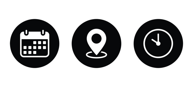 Date calendar, map pin location, and clock time icon vector on black circle, clean minimal flat illustration pack for event planning