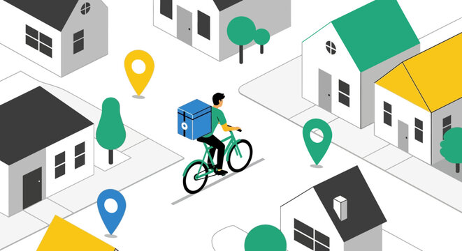 Efficient bicycle delivery service navigating a modern suburban neighborhood with GPS pins, highlighting fast local e-commerce and home parcel dispatch
