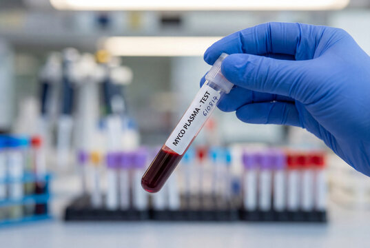Gloved hand holding blood test tube labeled mycoplasma in laboratory
