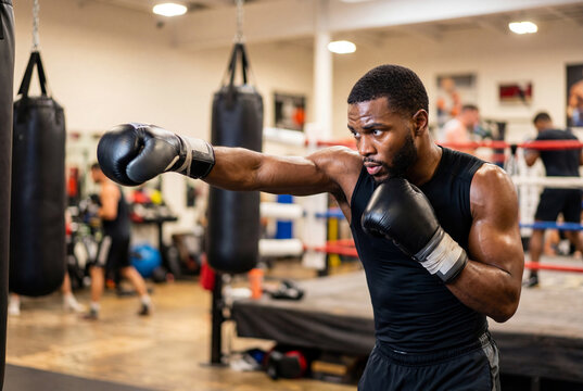 Strong male boxer wearing black gloves throwing a punch inside a training gym