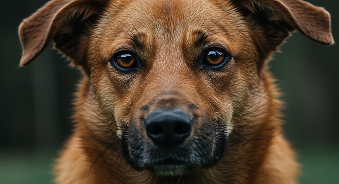 Close up portrait of a brown mixed breed dog with expressive eyes and floppy ears outdoors