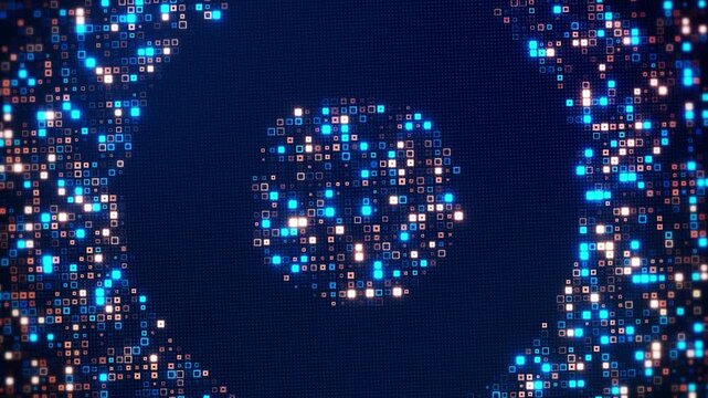 Futuristic surface pulses conveys data flow, virtual energy, AI, blockchain, high-tech communication network. digital code glitch with CRT compression artifacts and pixel breakdown for cyberpunk