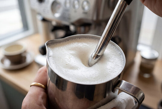 Frothing fresh milk in a stainless steel pitcher using the steam wand of an espresso machine