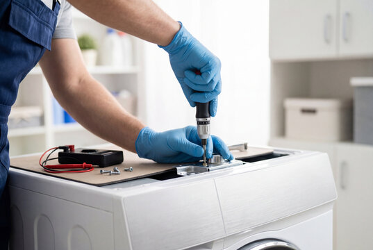 Technician with blue gloves repairing a white washing machine with a screwdriver