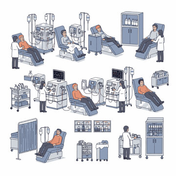 Illustration of patients undergoing dialysis treatment in a medical facility, showcasing various equipment and healthcare professionals.