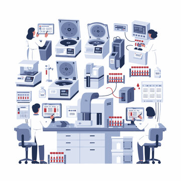 Medical laboratory with scientists working on various diagnostic equipment and blood test samples for analysis and research.