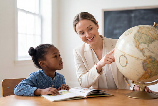 Teacher showing a young student a location on a globe during a geography lesson in a classroom