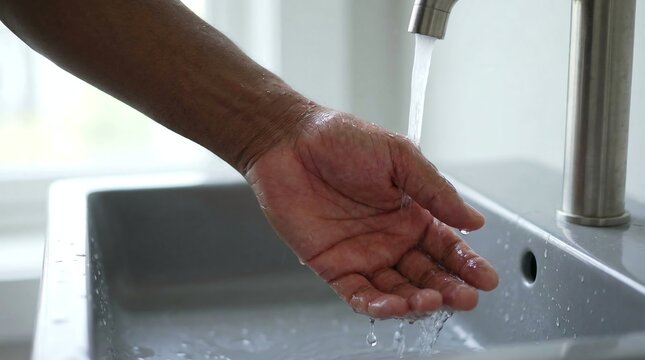Washing Hands Under a Stream of Fresh Running Water in a Modern Bathroom Sink for Daily Hygiene