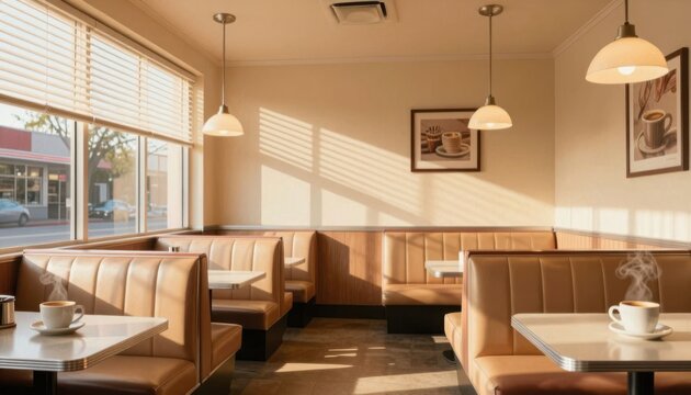 bright modern diner interior with beige booths and warm pendant lighting for restaurant marketing