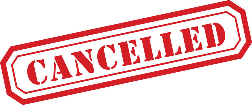 A prominent red rubber stamp displaying the word CANCELLED against a simple white backdrop