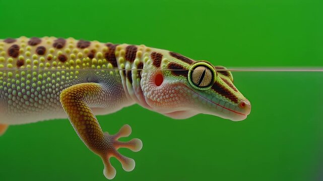 A close-up photo of a colorful gecko moving slowly on a surface