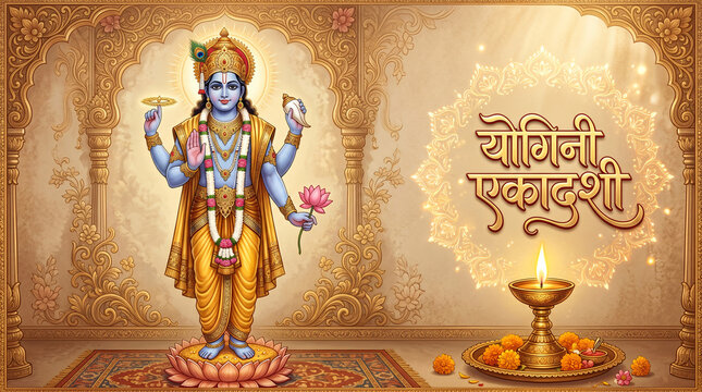 Yogini Ekadashi lord Vishnu divine illustration with traditional diya light and sacred lotus aura for hindu festival prayer background design