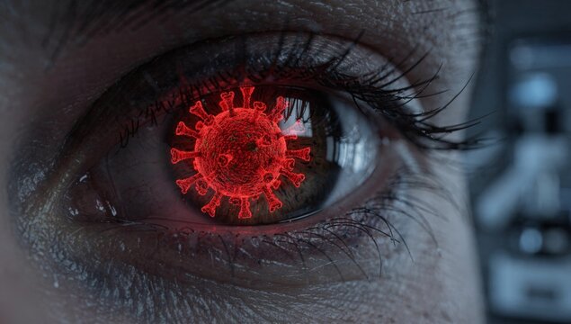 A medical research concept featuring a close-up of a human eye with a red virus particle reflected in the pupil, highlighting the importance of scientific study in understanding and combating