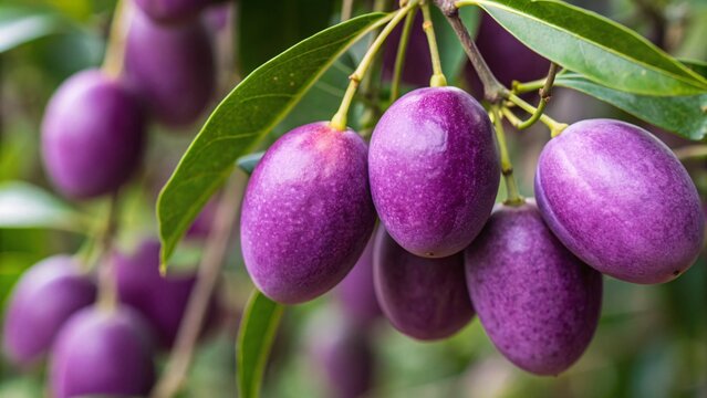 Vibrant purple akebia fruits hanging from lush green tree branches