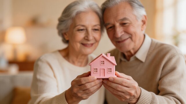 A heartwarming scene of a senior couple sharing a tender moment, holding a small pink house model, conveying a sense of love, care, and future aspirations in a cozy living room setting.