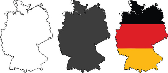Germany map icon set featuring the country outline in minimalist line art solid silhouette and national flag colors styles for travel and geography vector illustration. © israena