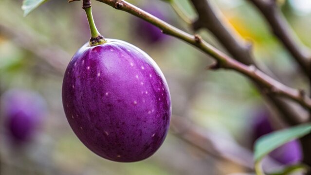 Vibrant purple akebia quinata fruits hanging from tree branch in lush garden