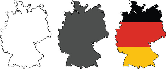 Germany map icon set featuring the country outline in minimalist line art solid silhouette and national flag colors styles for travel and geography vector illustration. © israena