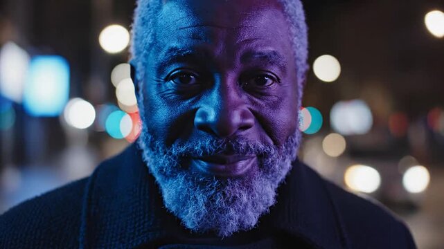 Pensive older Black man with a white beard looking away in blue and purple urban night light