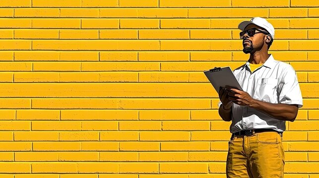 Delivery worker with clipboard standing against a yellow brick wall
