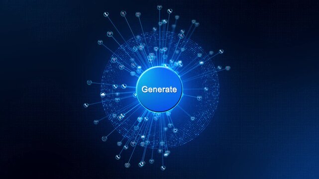 Generate AI Futuristic Generate button interface with flowing data lines and digital circuits on dark background, symbolizing AI automation, smart processing, and high-tech content generation systems.