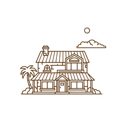 Fototapeta premium Brown line drawing of a house with a palm tree and sun a simple illustration of a dream home