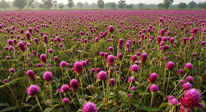 Field of purple globe amaranth (Gomphrena globosa) flowers blooming in the morning sun.
