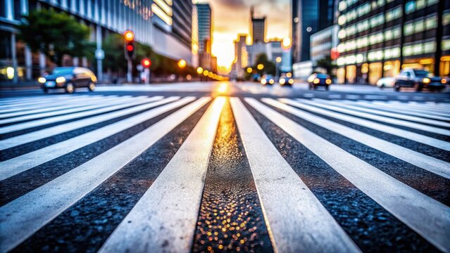 A photo of a busy highway road with white and black stripes painted on it, forming a zebra crossing for pedestrians to safely cross the traffic