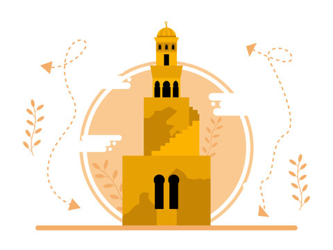 Famous spiral minaret of the Ahmad Ibn Tulun Mosque located in Cairo, Egypt.&nbsp;Egyptian illustrations. Flat vector concepts.