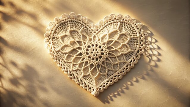 A photo of a vintage lace heart doily design featuring intricate embroidery on a creamcolored background Soft, delicate texture with fine stitching