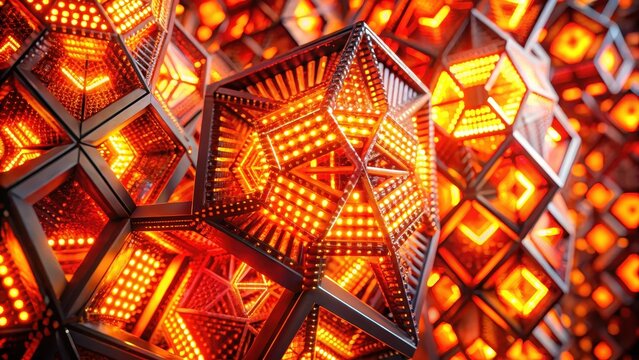 A photo of a mesmerizing display of abstract orange and red LED lights, creating an intricate pattern of geometric shapes that seem to shift and dance