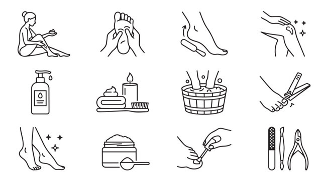 Collection of line art icons depicting various spa and foot care treatments