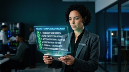 Fototapeta premium A professional reviews a cybersecurity checklist using a holographic display in a contemporary office during working hours.