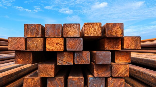 Stack of Rusty Square Steel Billets and Industrial Metal Bars Outdoors