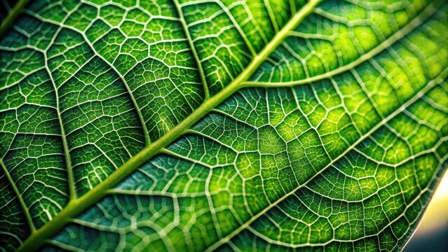 A closeup of a green leaf with intricate vein patterns, focusing on the texture and detail of the foliage