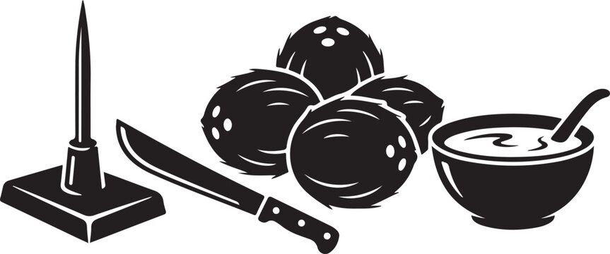 Black and white featuring a cluster of whole coconuts, a sharp machete blade, a metal coconut husking spike on a base, and a small bowl filled with coconut milk or cream