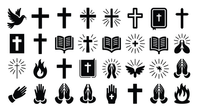 Collection of christian symbols and icons including crosses bibles praying hands doves and flames on white background for religious and faith concepts