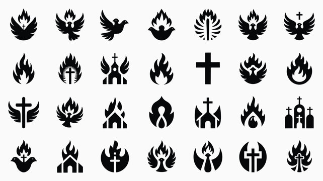Pentecost themed silhouettes collection with crosses flames and doves on gray background